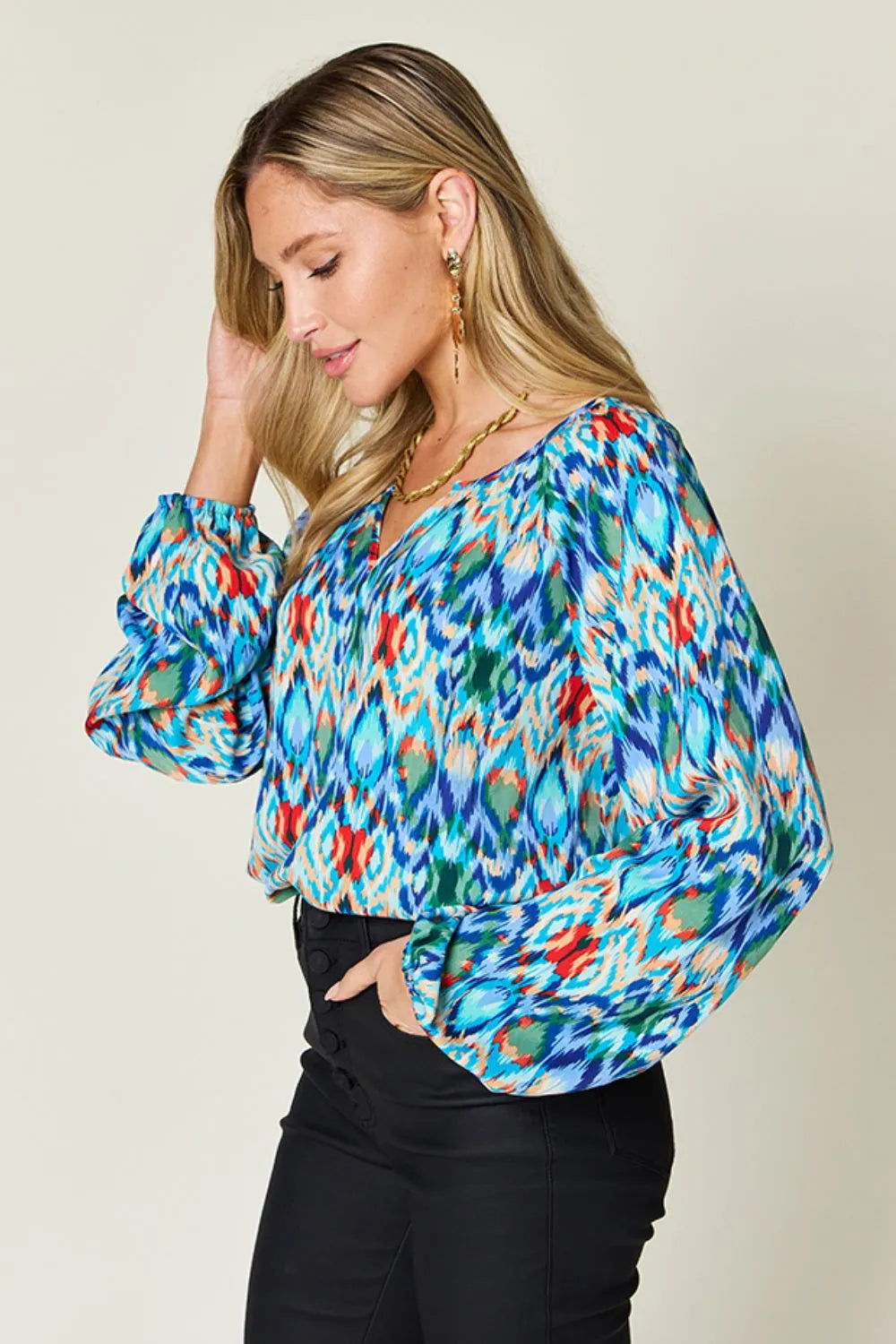 Double Take Full Size Printed Balloon Sleeve Blouse - Velora Luxury Fashion