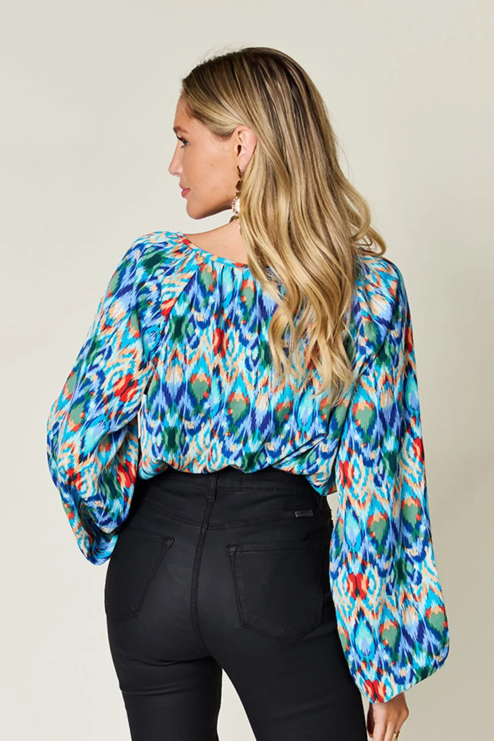 Double Take Full Size Printed Balloon Sleeve Blouse - Velora Luxury Fashion