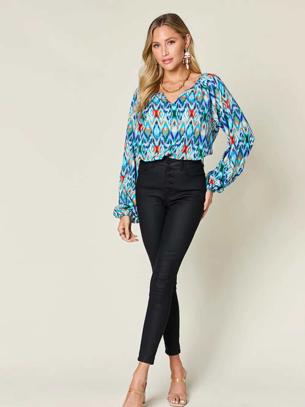 Double Take Full Size Printed Balloon Sleeve Blouse - Velora Luxury Fashion