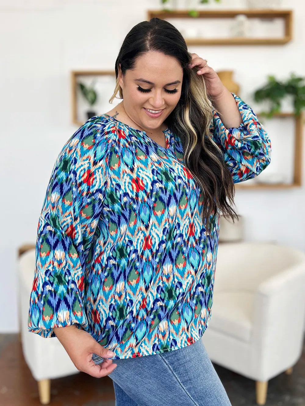 Double Take Full Size Printed Balloon Sleeve Blouse - Velora Luxury Fashion
