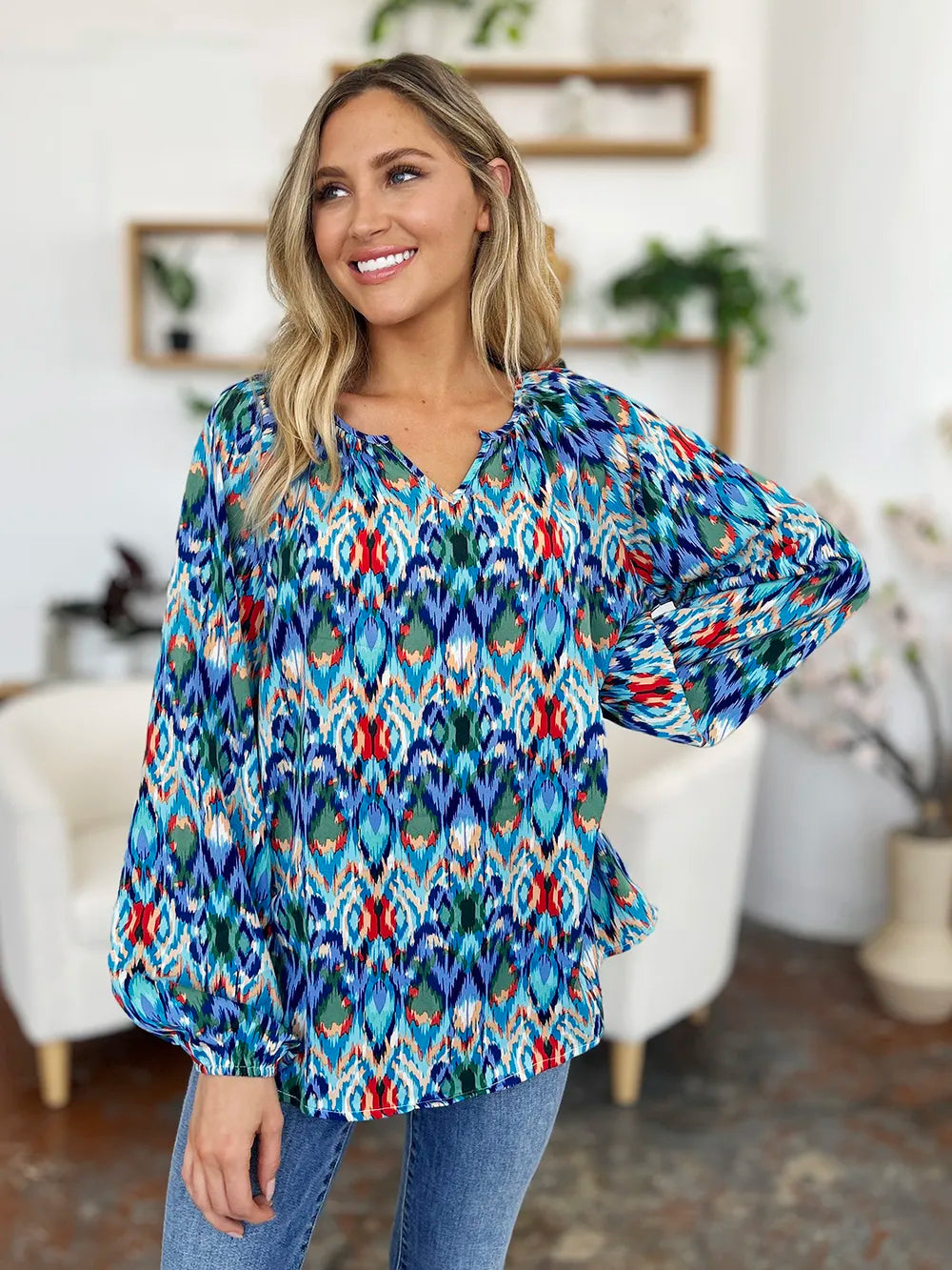 Double Take Full Size Printed Balloon Sleeve Blouse - Velora Luxury Fashion