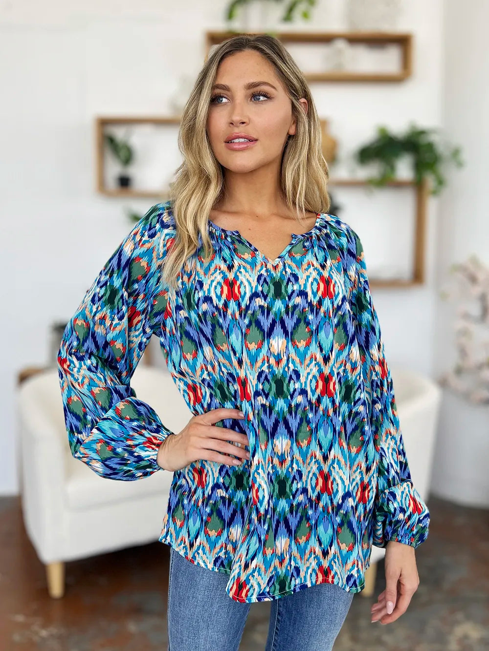Double Take Full Size Printed Balloon Sleeve Blouse - Velora Luxury Fashion