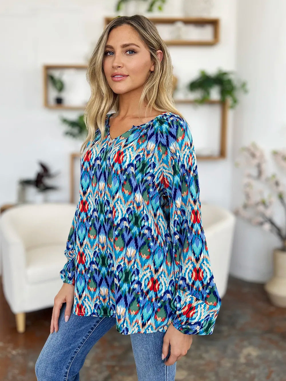 Double Take Full Size Printed Balloon Sleeve Blouse - Velora Luxury Fashion