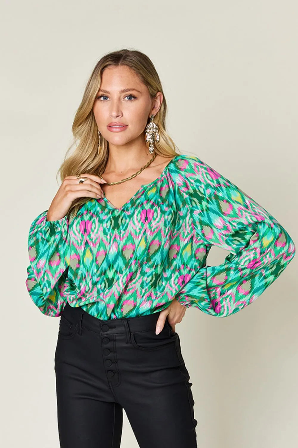 Double Take Full Size Printed Balloon Sleeve Blouse - Velora Luxury Fashion
