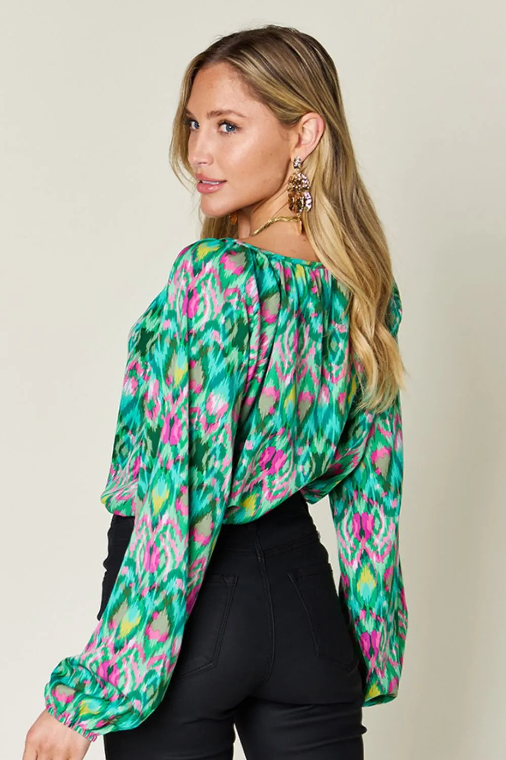 Double Take Full Size Printed Balloon Sleeve Blouse - Velora Luxury Fashion