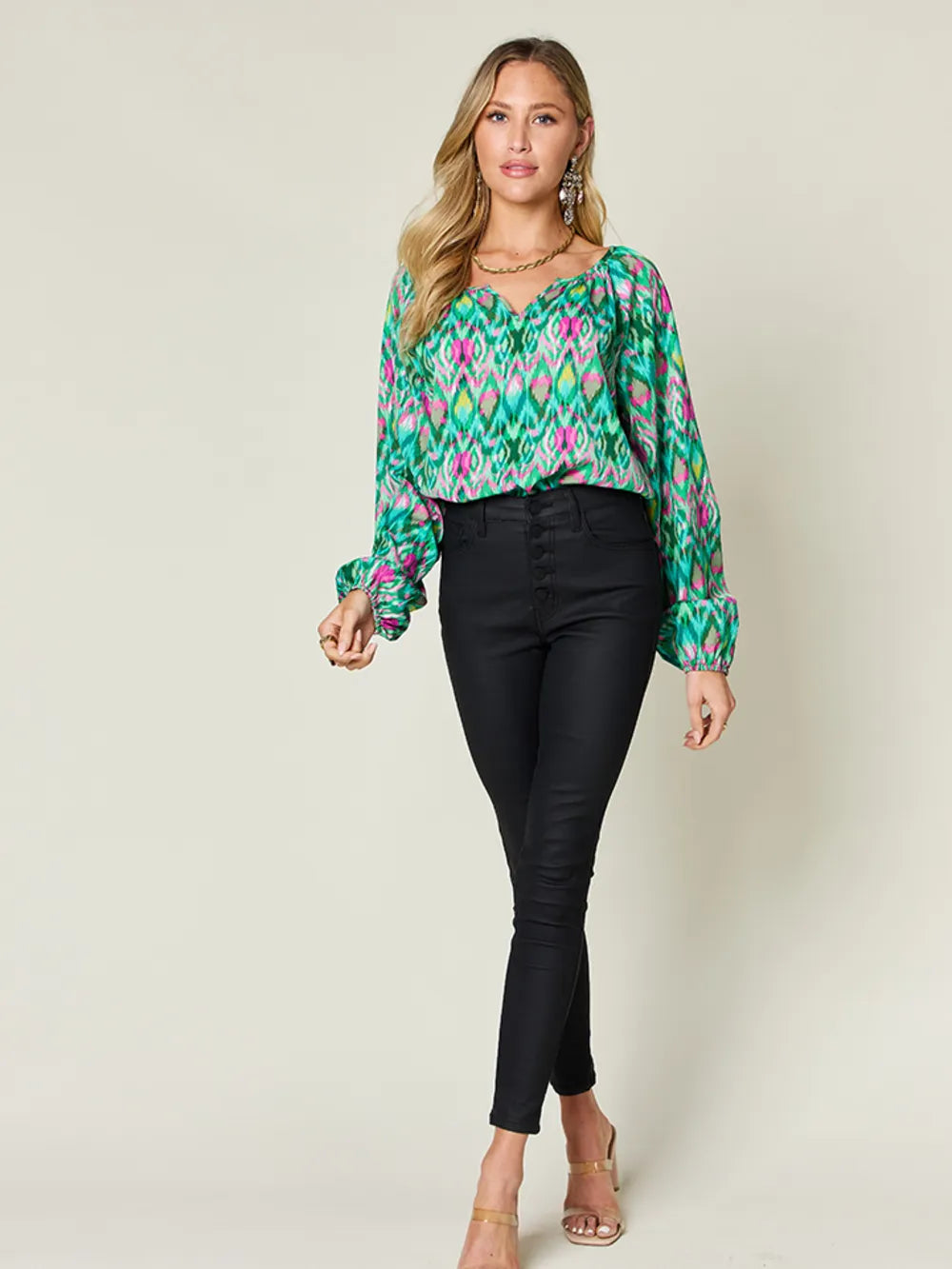 Double Take Full Size Printed Balloon Sleeve Blouse - Velora Luxury Fashion
