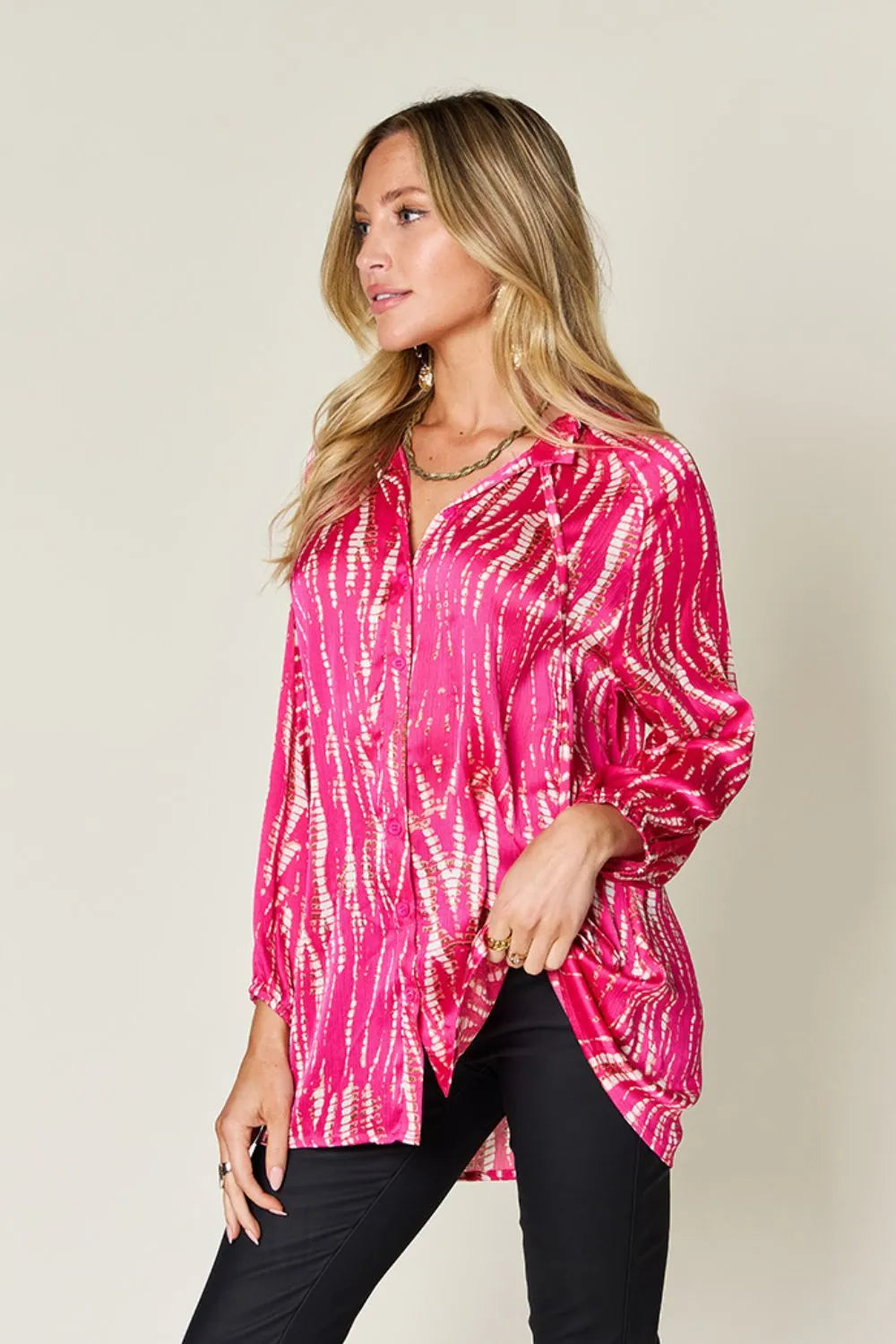 Double Take Full Size Printed Button Up Long Sleeve Shirt - Velora Luxury Fashion