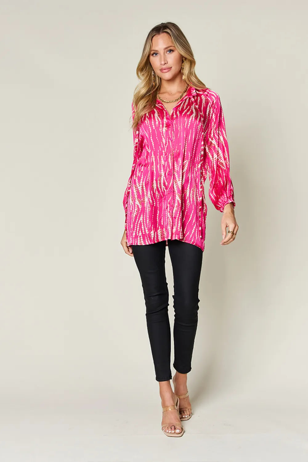 Double Take Full Size Printed Button Up Long Sleeve Shirt - Velora Luxury Fashion