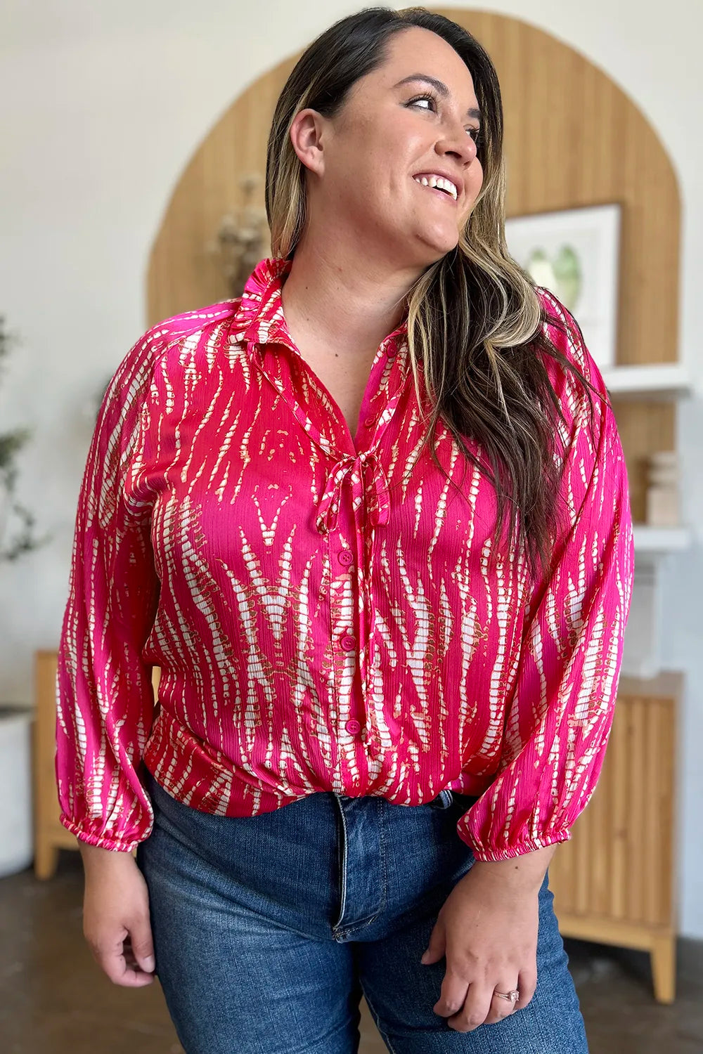 Double Take Full Size Printed Button Up Long Sleeve Shirt - Velora Luxury Fashion