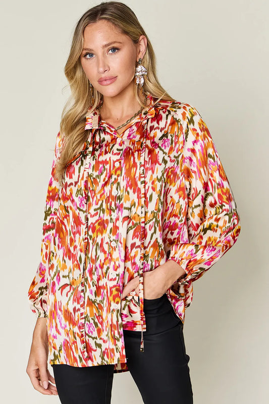 Double Take Full Size Printed Button Up Long Sleeve Shirt - Velora Luxury Fashion