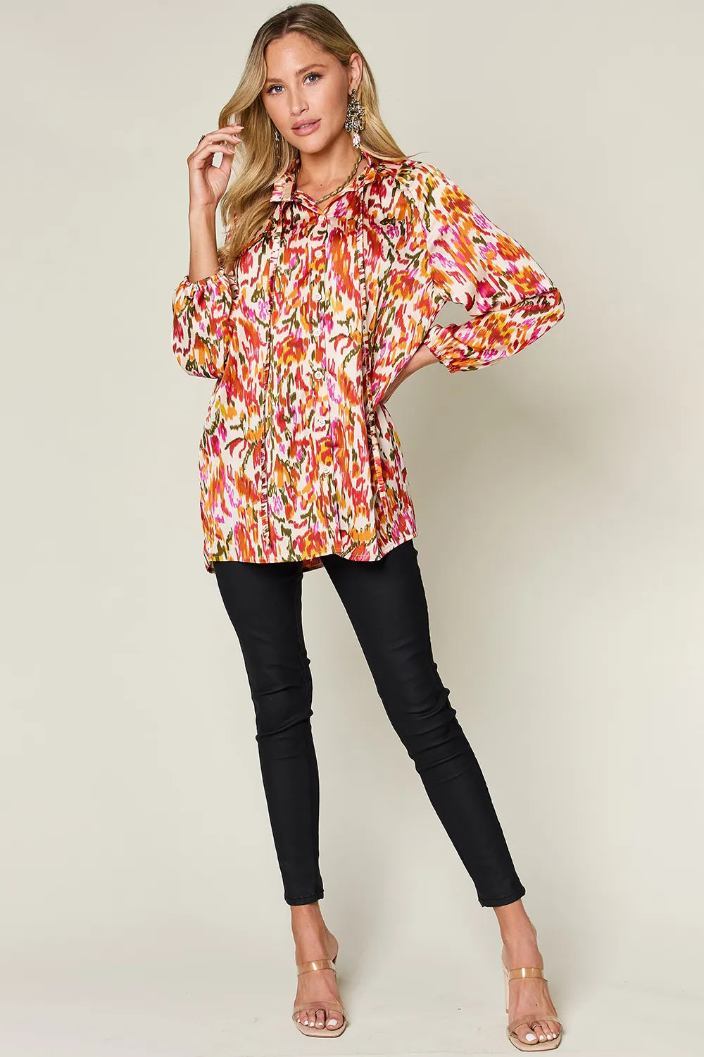 Double Take Full Size Printed Button Up Long Sleeve Shirt - Velora Luxury Fashion