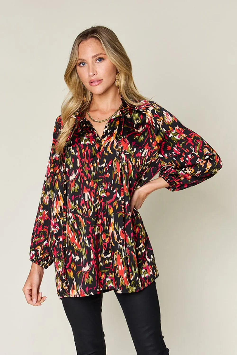 Double Take Full Size Printed Button Up Long Sleeve Shirt - Velora Luxury Fashion