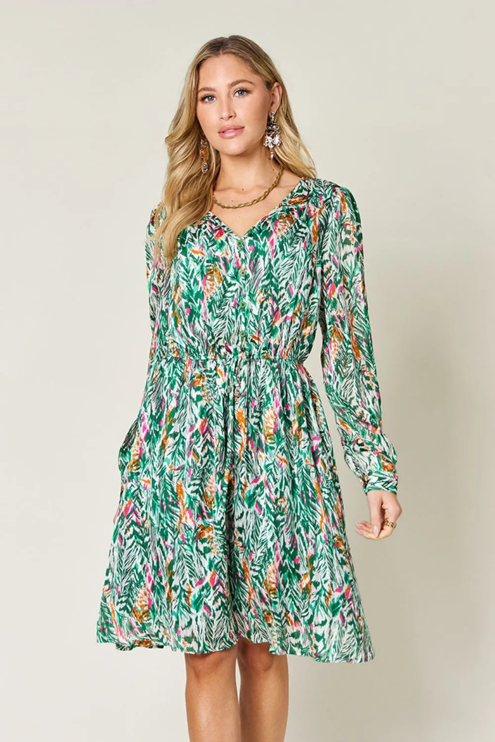 Double Take Full Size Printed Drawstring Waist Long Sleeve Dress - Velora Luxury Fashion