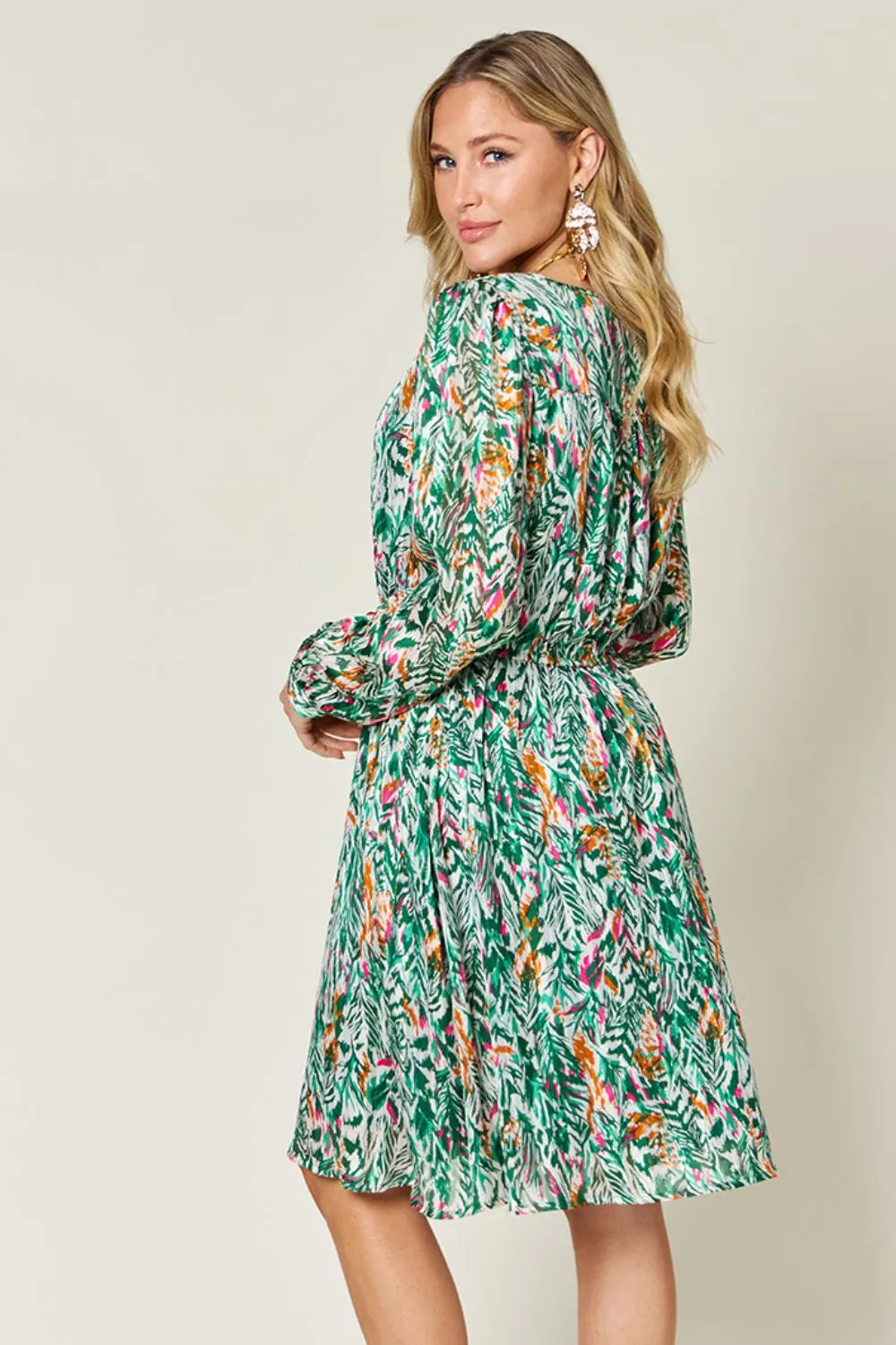 Double Take Full Size Printed Drawstring Waist Long Sleeve Dress - Velora Luxury Fashion
