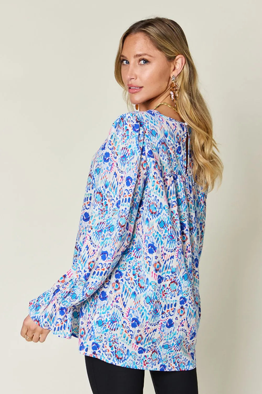Double Take Full Size Printed Flounce Sleeve Blouse - Velora Luxury Fashion