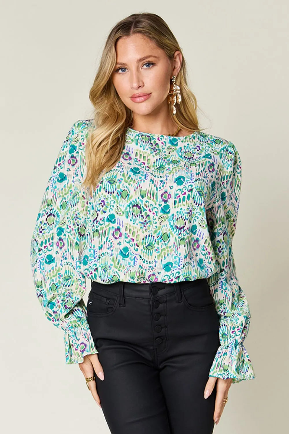 Double Take Full Size Printed Flounce Sleeve Blouse - Velora Luxury Fashion