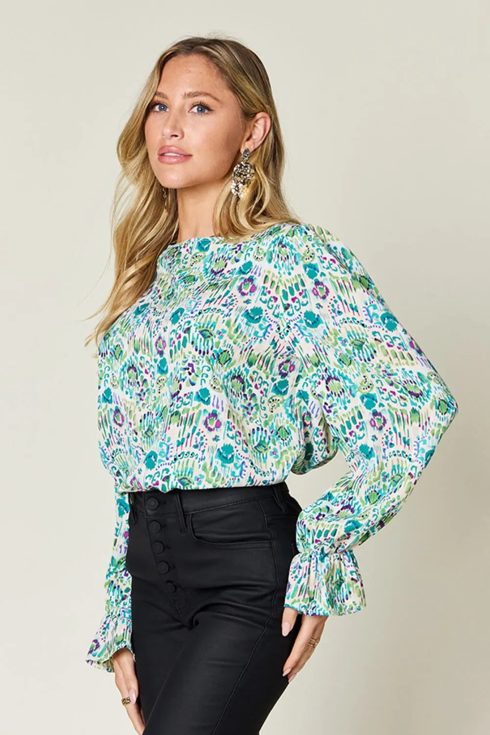 Double Take Full Size Printed Flounce Sleeve Blouse - Velora Luxury Fashion