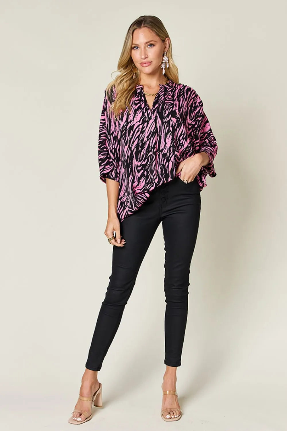 Double Take Full Size Printed Notched Three-Quarter Sleeve Blouse - Velora Luxury Fashion