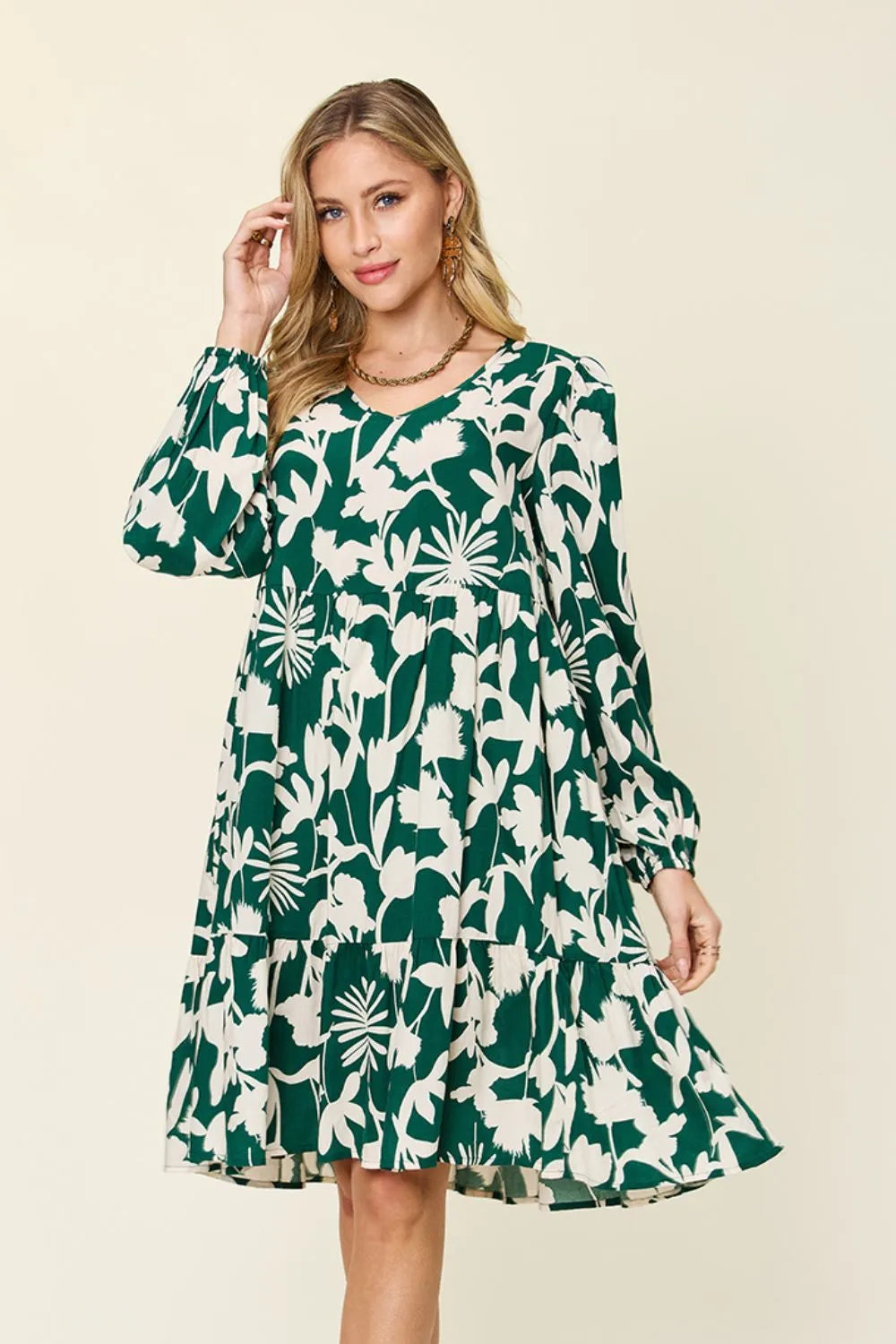 Double Take Full Size Printed Ruffle Hem Dress with Pocket - Velora Luxury Fashion