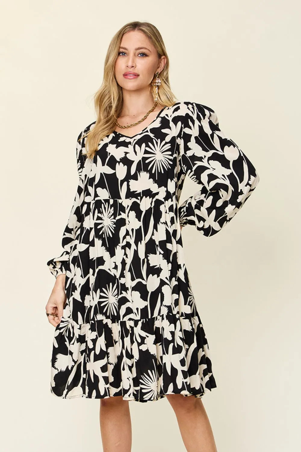 Double Take Full Size Printed Ruffle Hem Dress with Pocket - Velora Luxury Fashion