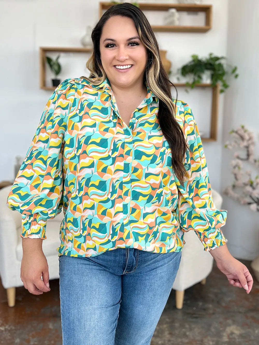 Double Take Full Size Printed Smocked Long Sleeve Blouse - Velora Luxury Fashion