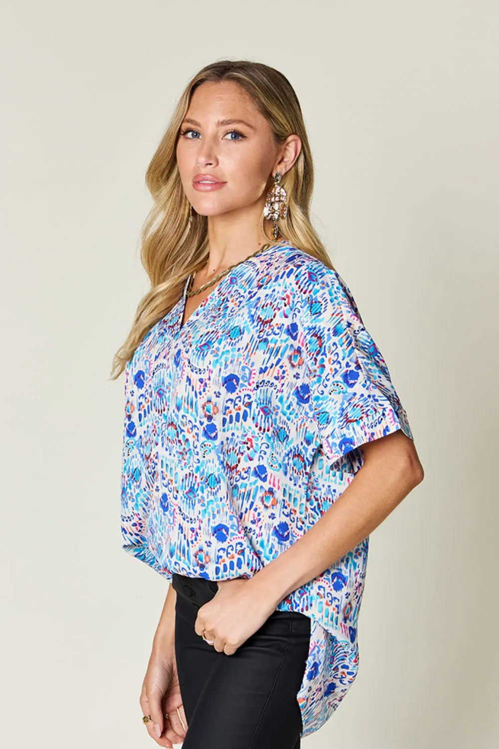 Double Take Full Size Printed V-Neck Short Sleeve Blouse - Velora Luxury Fashion
