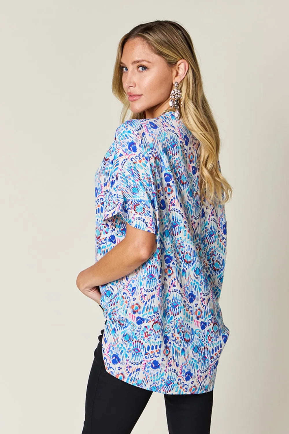 Double Take Full Size Printed V-Neck Short Sleeve Blouse - Velora Luxury Fashion