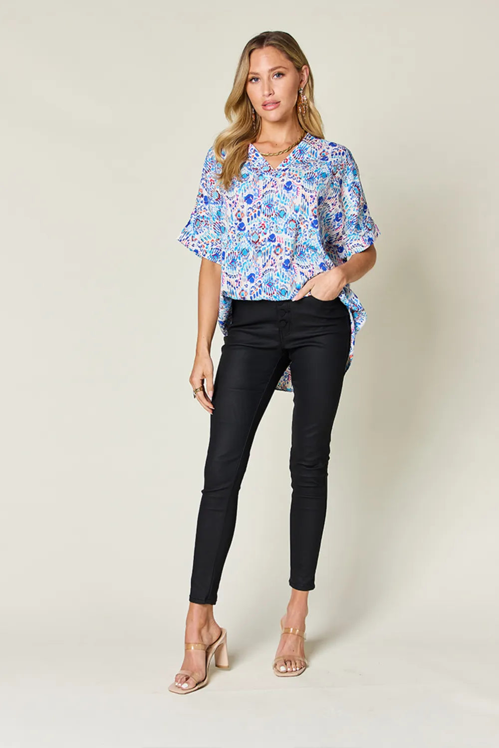 Double Take Full Size Printed V-Neck Short Sleeve Blouse - Velora Luxury Fashion