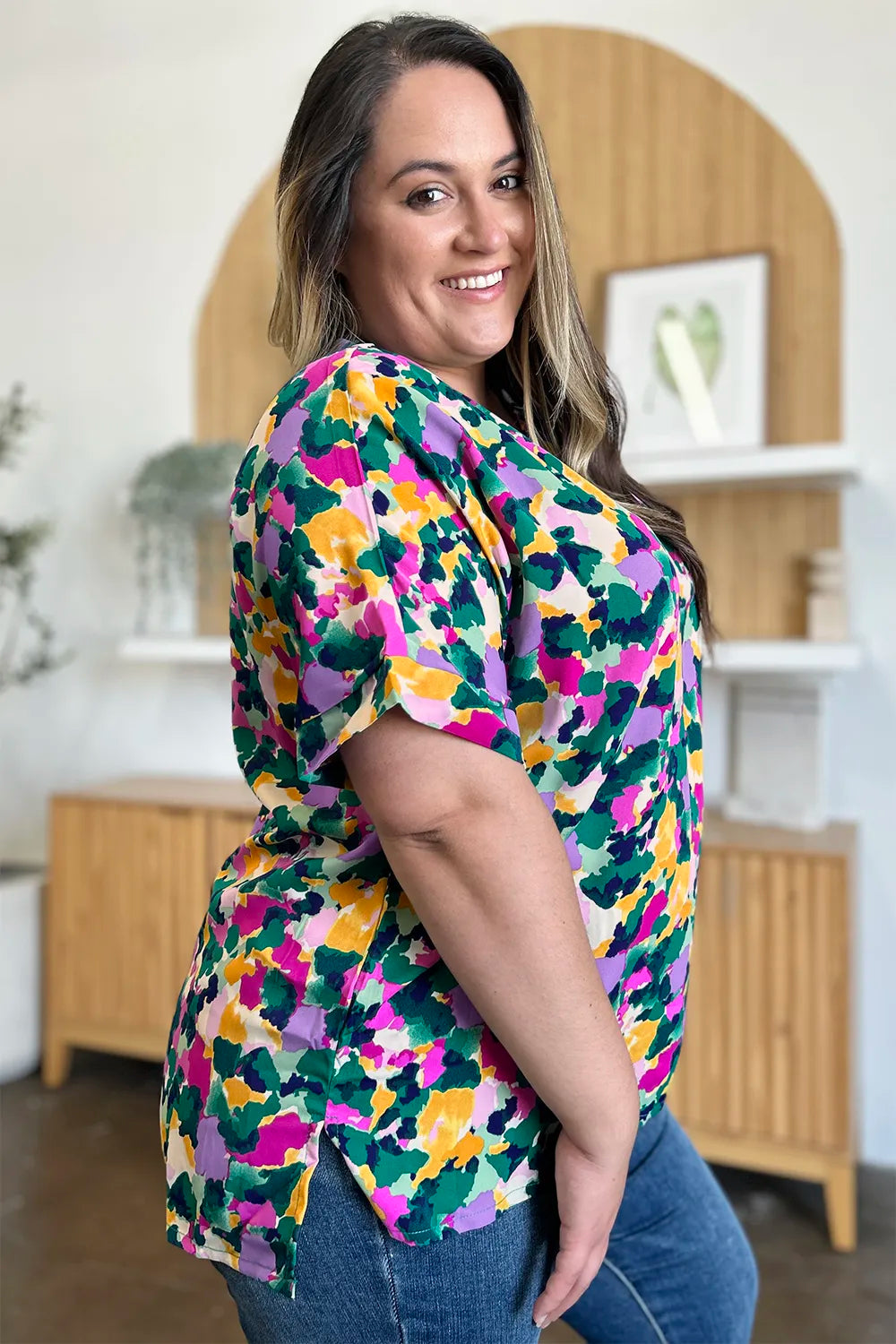 Double Take Full Size Printed V-Neck Short Sleeve Side Slit Top - Velora Luxury Fashion