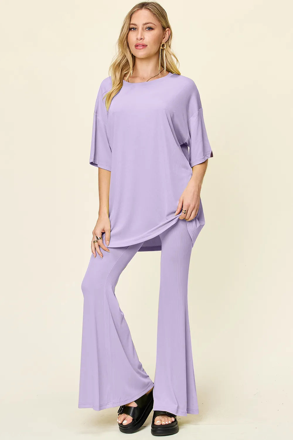 Double Take Full Size Round Neck Drop Shoulder T-Shirt and Flare Pants Set - Velora Luxury Fashion