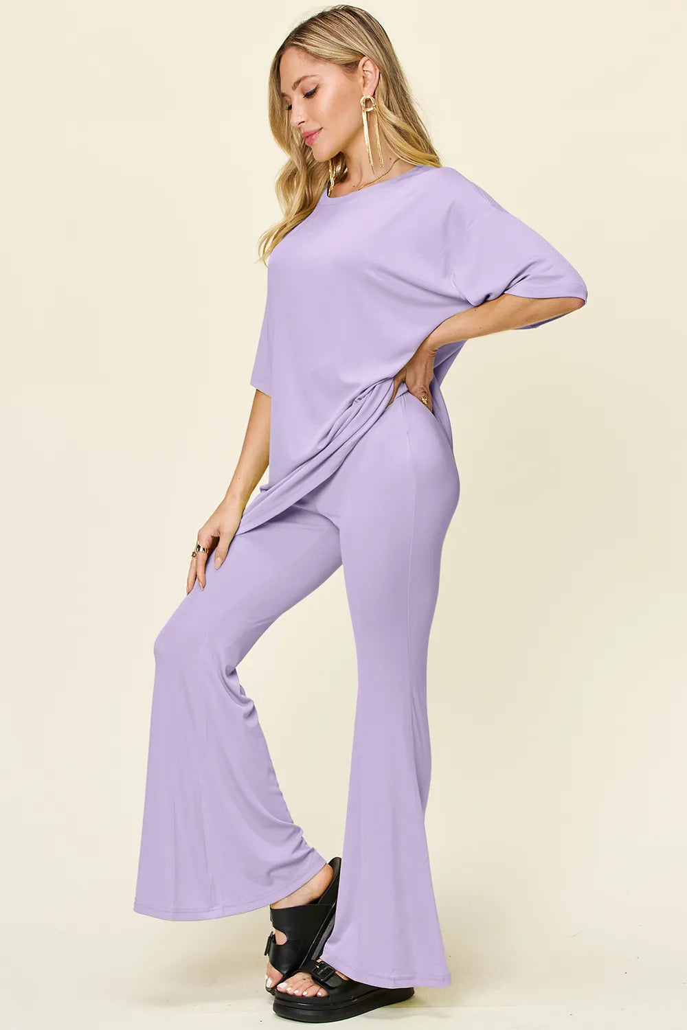 Double Take Full Size Round Neck Drop Shoulder T-Shirt and Flare Pants Set - Velora Luxury Fashion