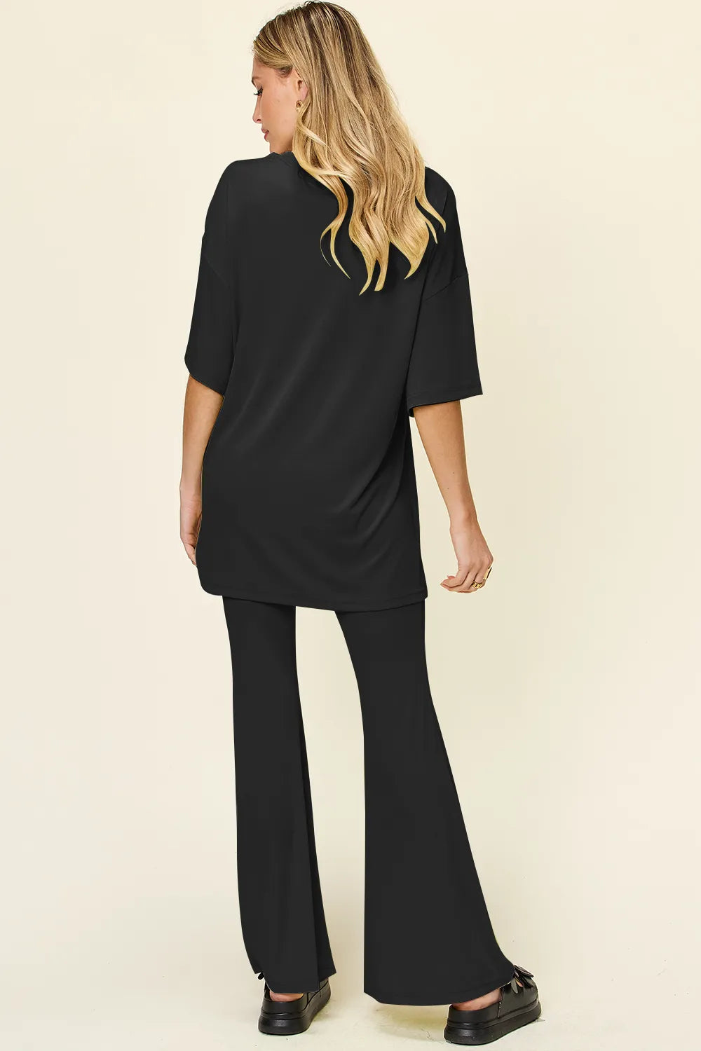 Double Take Full Size Round Neck Drop Shoulder T-Shirt and Flare Pants Set - Velora Luxury Fashion