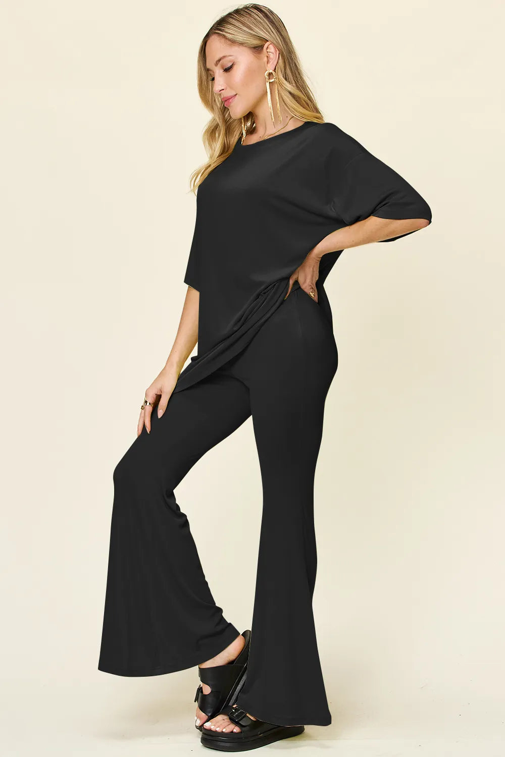 Double Take Full Size Round Neck Drop Shoulder T-Shirt and Flare Pants Set - Velora Luxury Fashion