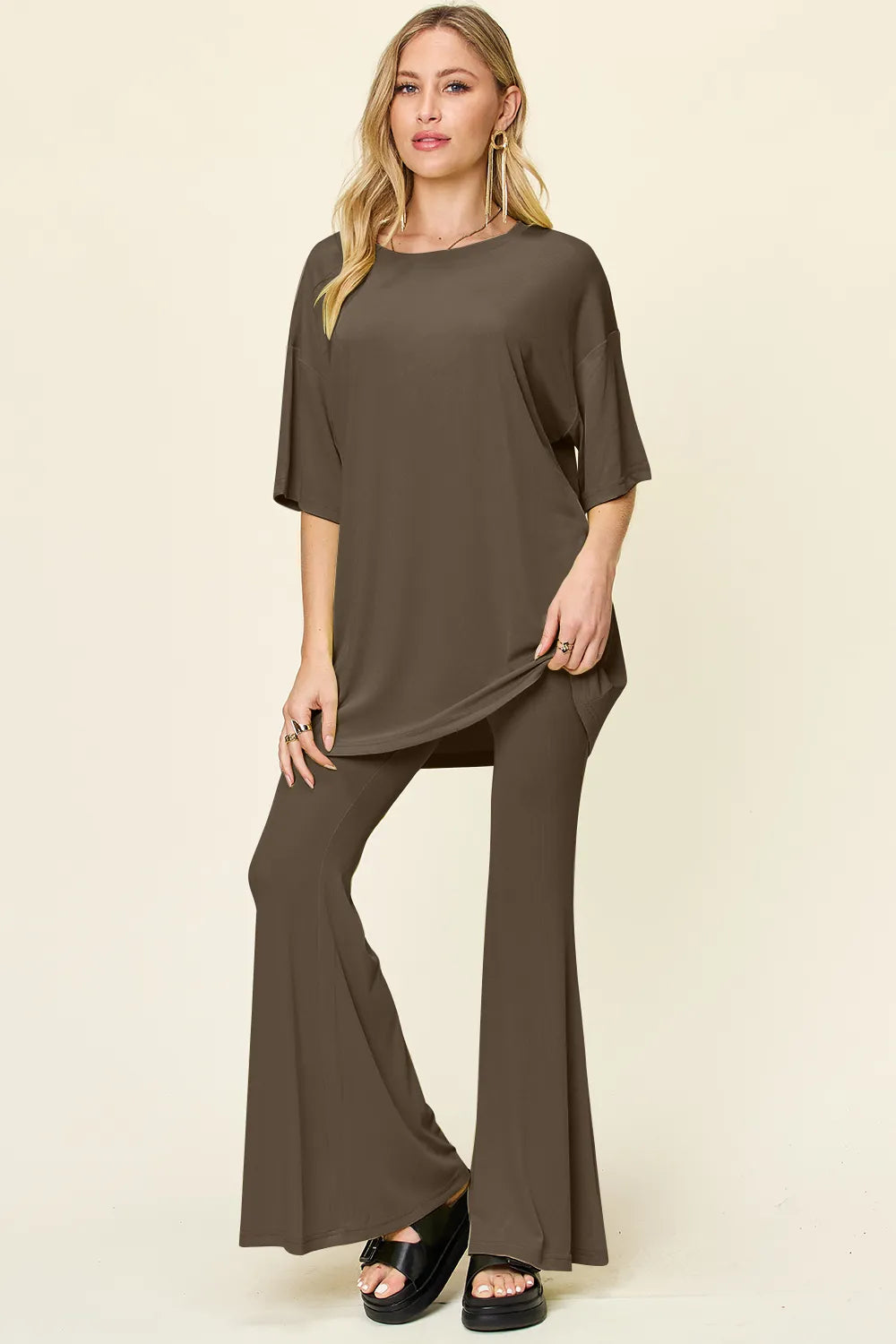 Double Take Full Size Round Neck Drop Shoulder T-Shirt and Flare Pants Set - Velora Luxury Fashion
