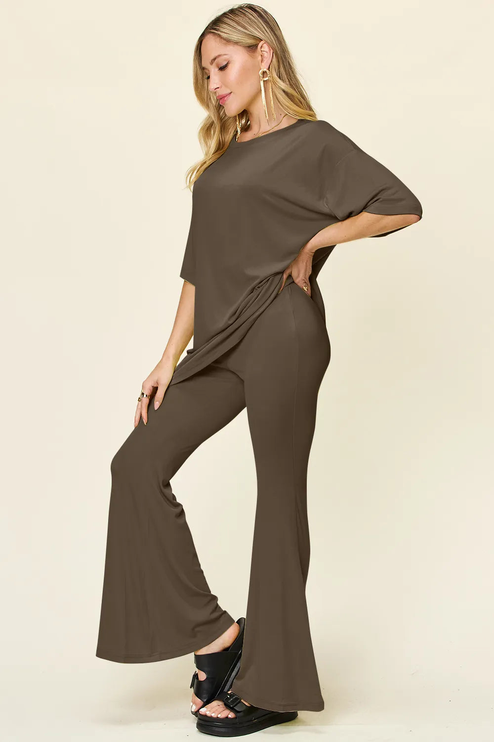 Double Take Full Size Round Neck Drop Shoulder T-Shirt and Flare Pants Set - Velora Luxury Fashion