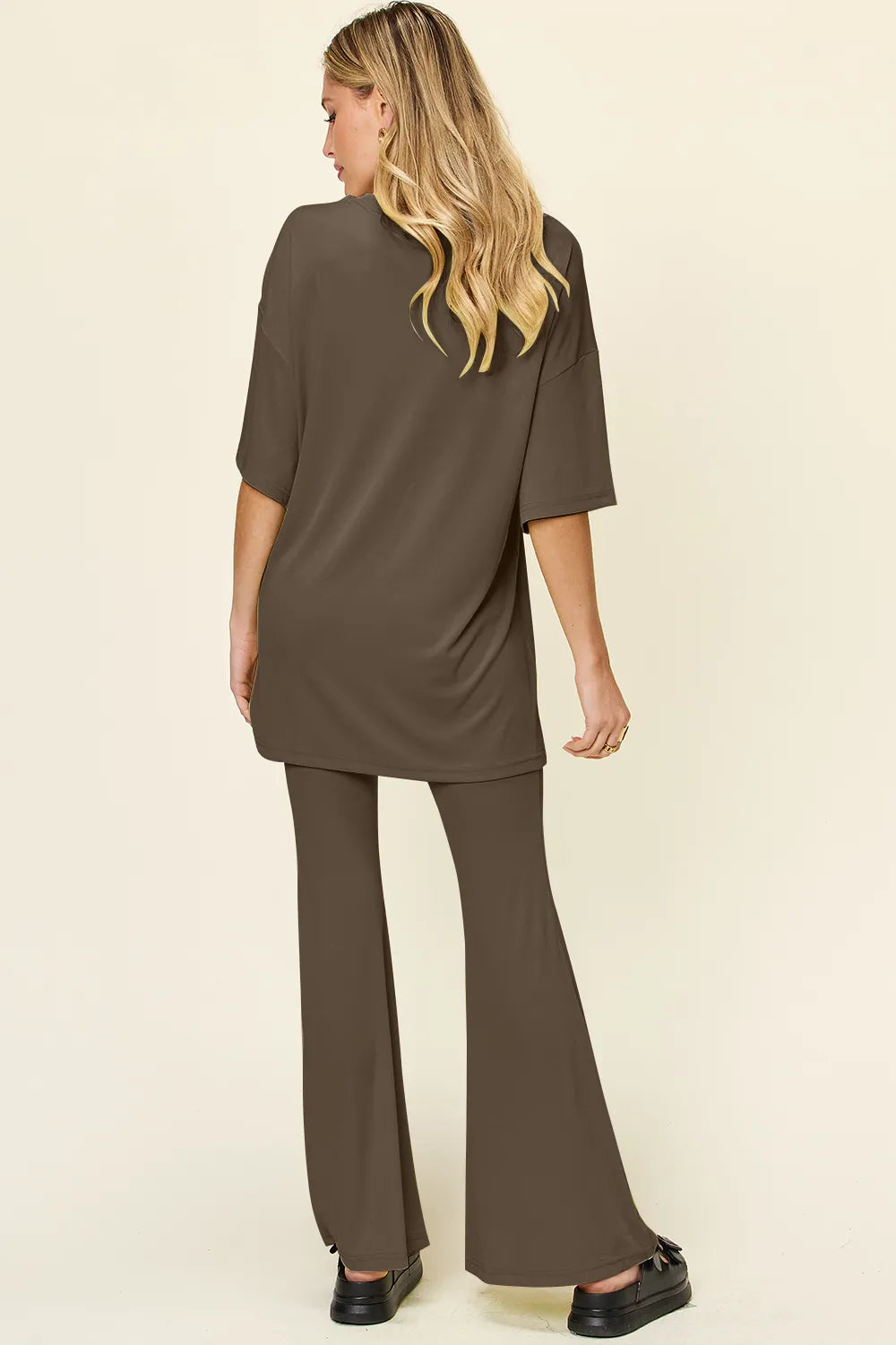 Double Take Full Size Round Neck Drop Shoulder T-Shirt and Flare Pants Set - Velora Luxury Fashion