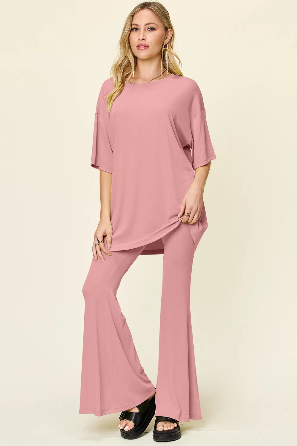 Double Take Full Size Round Neck Drop Shoulder T-Shirt and Flare Pants Set - Velora Luxury Fashion