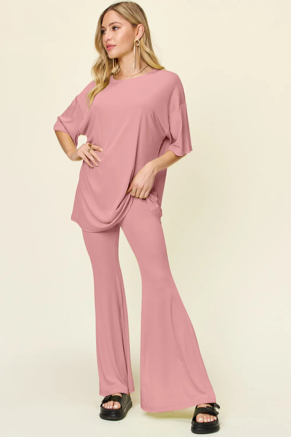 Double Take Full Size Round Neck Drop Shoulder T-Shirt and Flare Pants Set - Velora Luxury Fashion