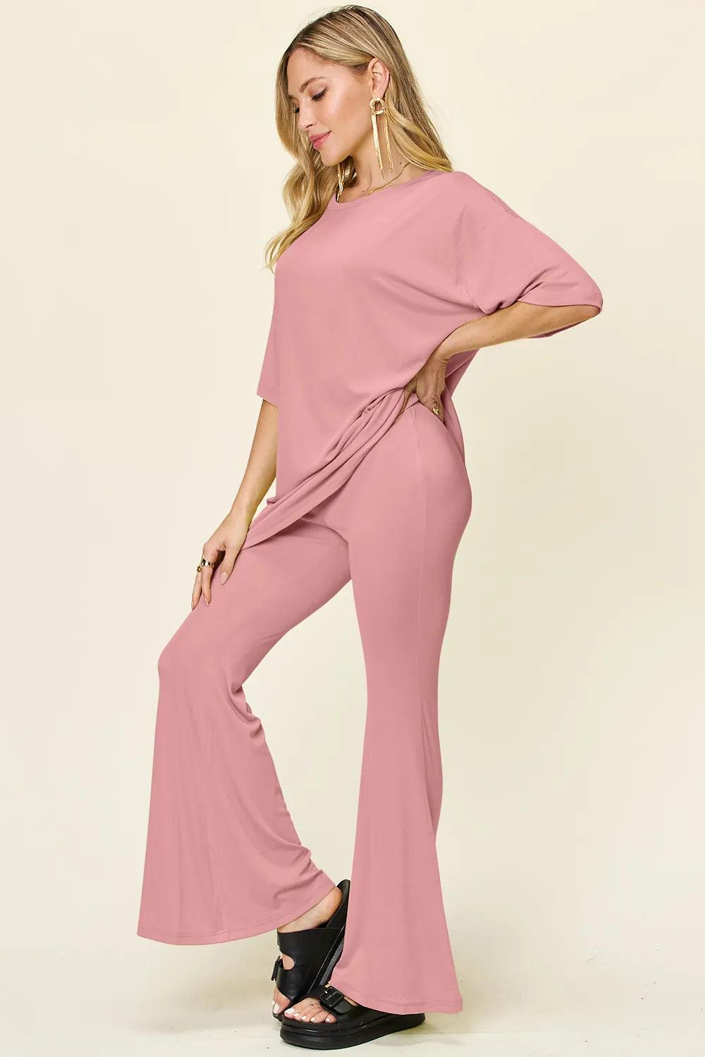 Double Take Full Size Round Neck Drop Shoulder T-Shirt and Flare Pants Set - Velora Luxury Fashion