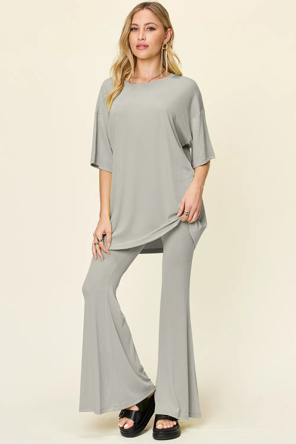 Double Take Full Size Round Neck Drop Shoulder T-Shirt and Flare Pants Set - Velora Luxury Fashion