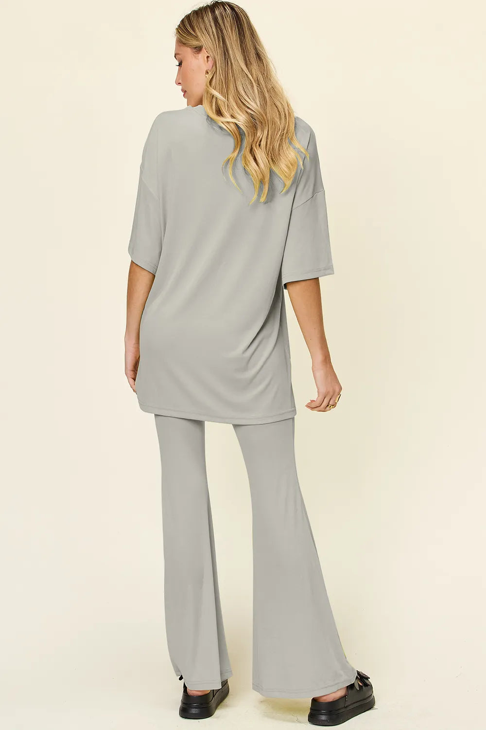 Double Take Full Size Round Neck Drop Shoulder T-Shirt and Flare Pants Set - Velora Luxury Fashion