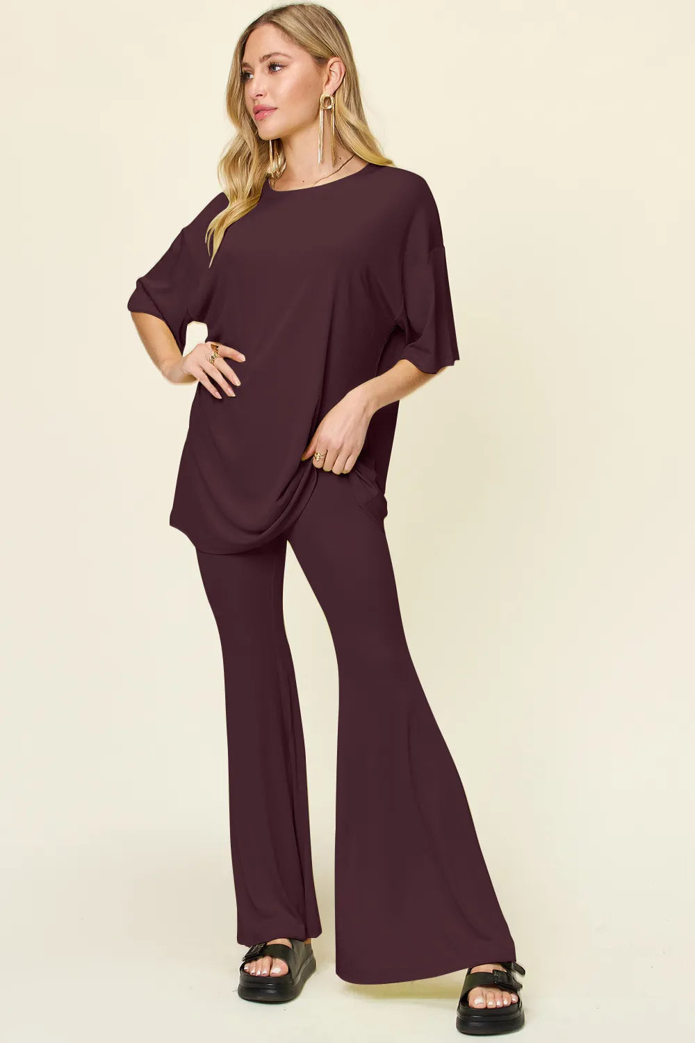Double Take Full Size Round Neck Drop Shoulder T-Shirt and Flare Pants Set - Velora Luxury Fashion