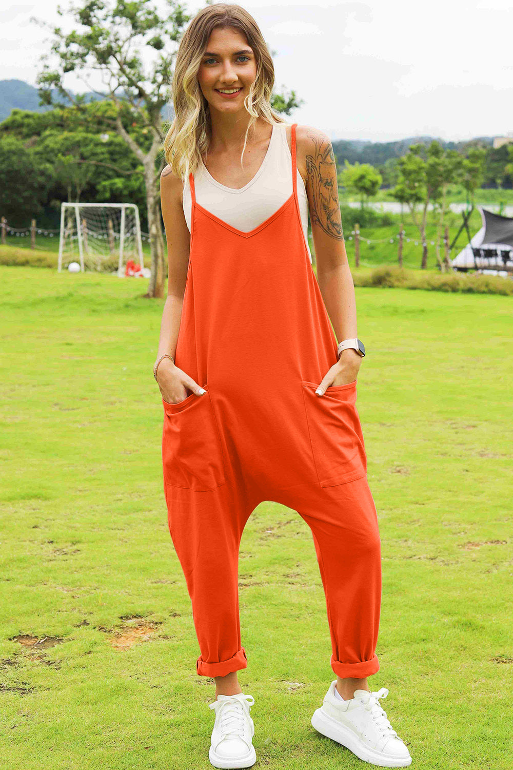 Double Take Full Size Sleeveless V-Neck Pocketed Jumpsuit - Velora Luxury Fashion