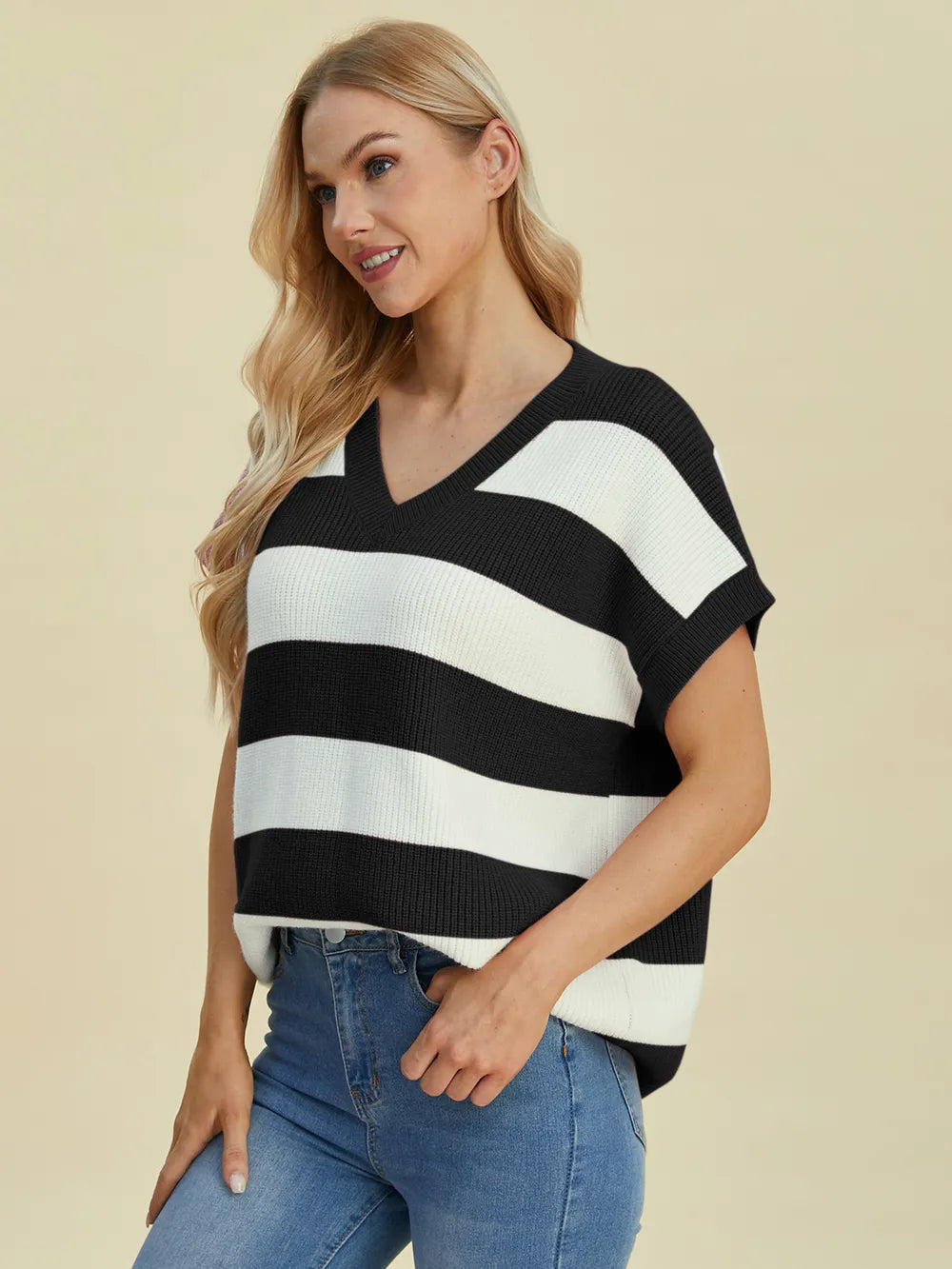 Double Take Full Size Striped V-Neck Short Sleeve Sweater - Velora Luxury Fashion