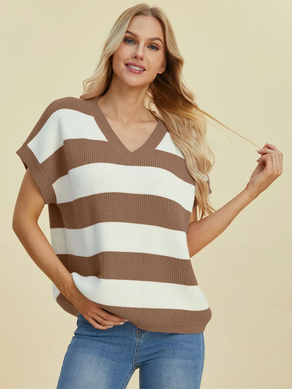Double Take Full Size Striped V-Neck Short Sleeve Sweater - Velora Luxury Fashion