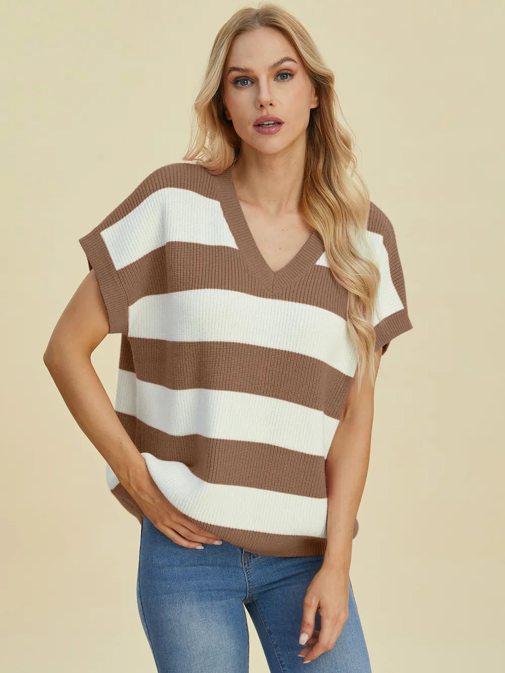 Double Take Full Size Striped V-Neck Short Sleeve Sweater - Velora Luxury Fashion