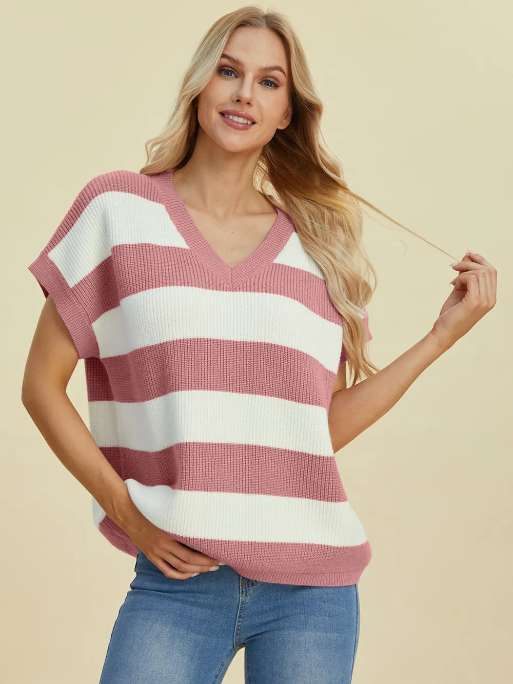 Double Take Full Size Striped V-Neck Short Sleeve Sweater - Velora Luxury Fashion