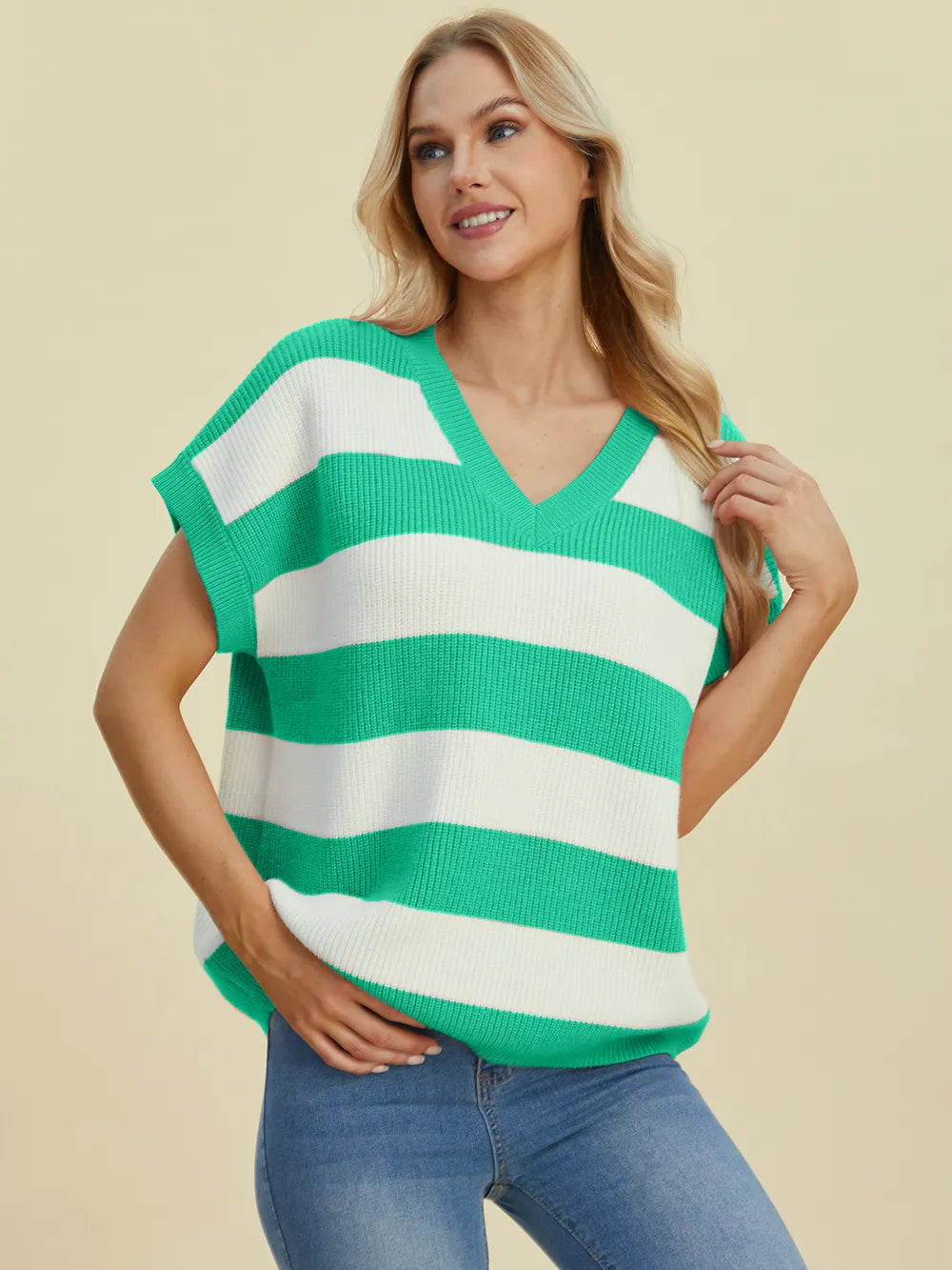 Double Take Full Size Striped V-Neck Short Sleeve Sweater - Velora Luxury Fashion