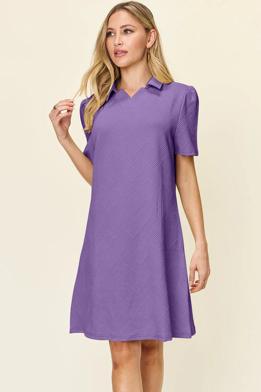 Double Take Full Size Texture Collared Neck Short Sleeve Dress - Velora Luxury Fashion