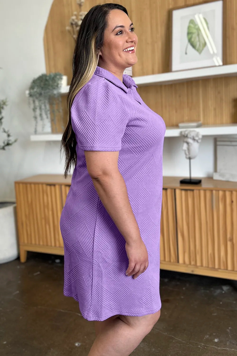 Double Take Full Size Texture Collared Neck Short Sleeve Dress - Velora Luxury Fashion